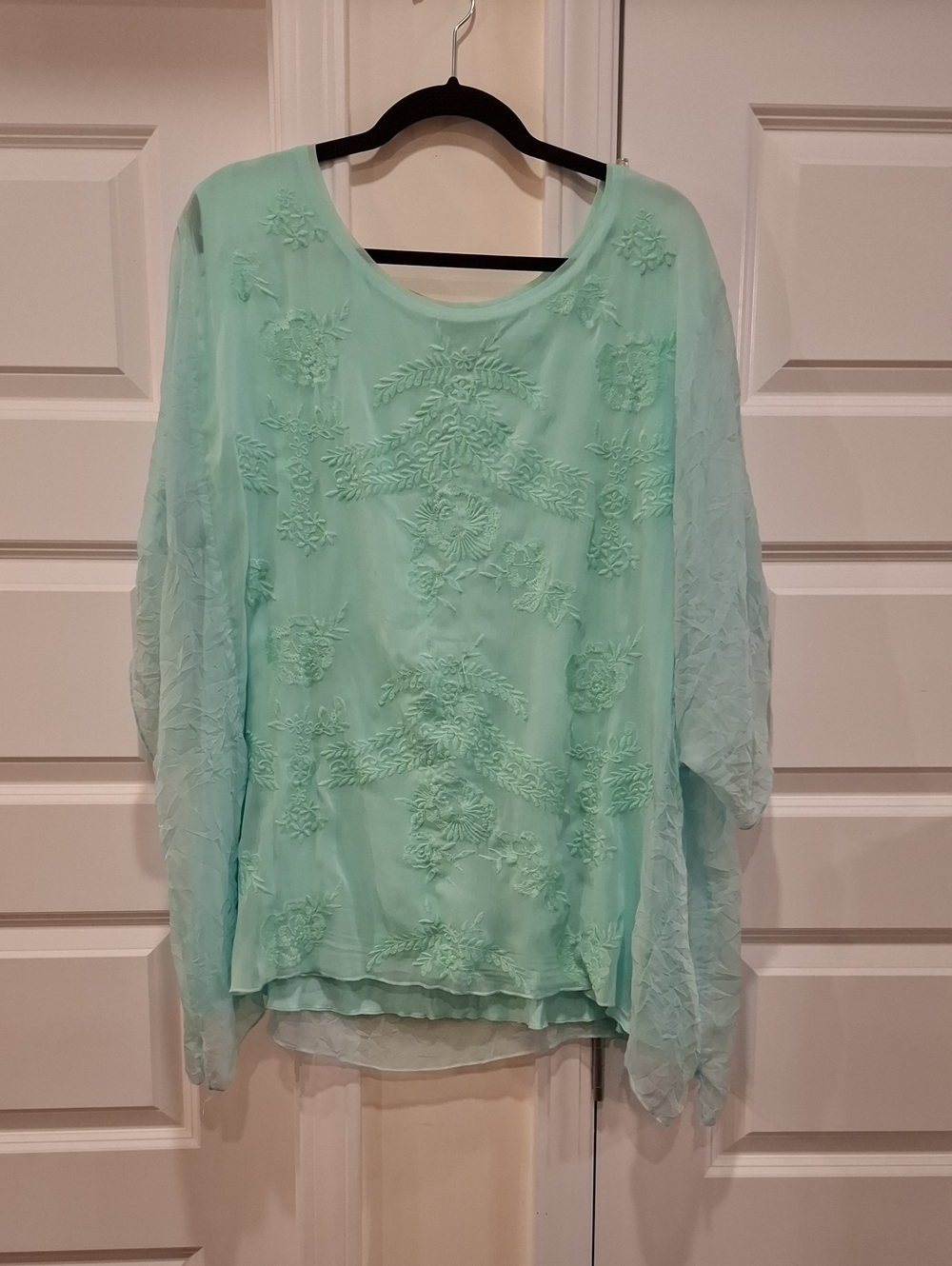 Ali Miles Aqua Mint Crinkle Floral Embroidered Sheer Blouse Size 3X